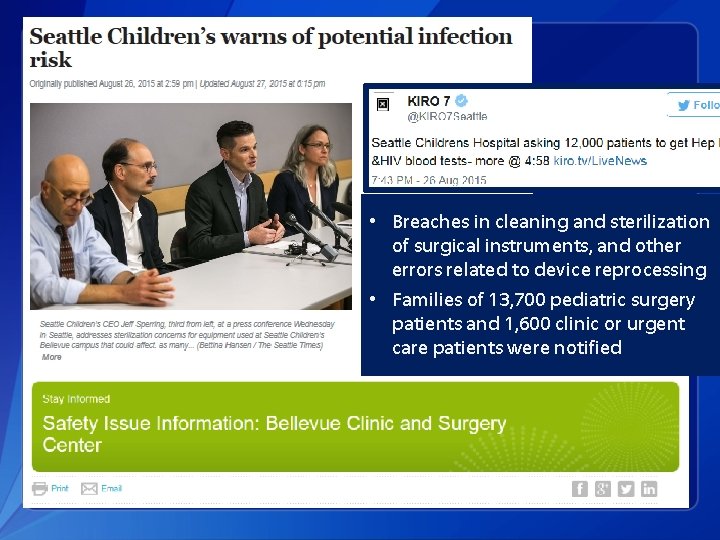  • Breaches in cleaning and sterilization of surgical instruments, and other errors related