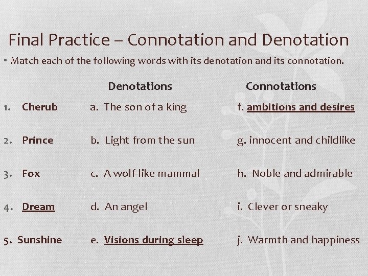 Final Practice – Connotation and Denotation • Match each of the following words with