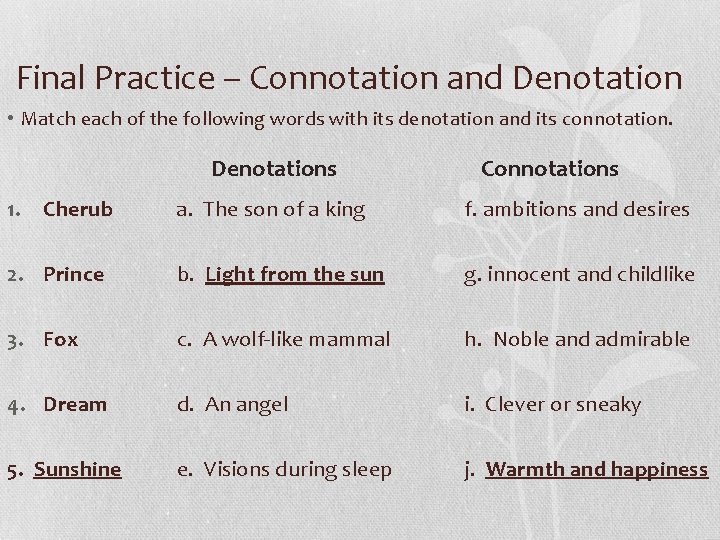 Final Practice – Connotation and Denotation • Match each of the following words with