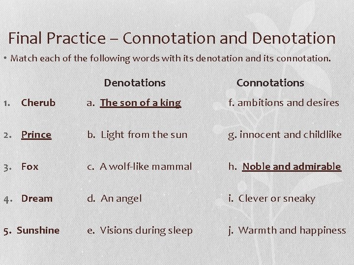 Final Practice – Connotation and Denotation • Match each of the following words with