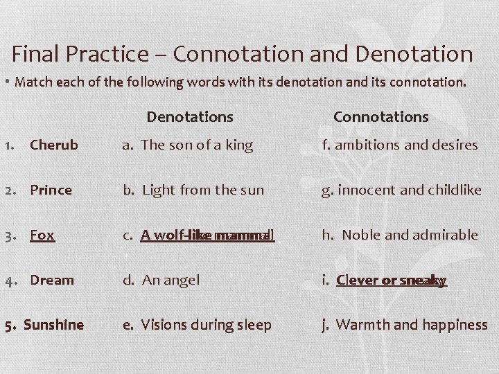 Final Practice – Connotation and Denotation • Match each of the following words with