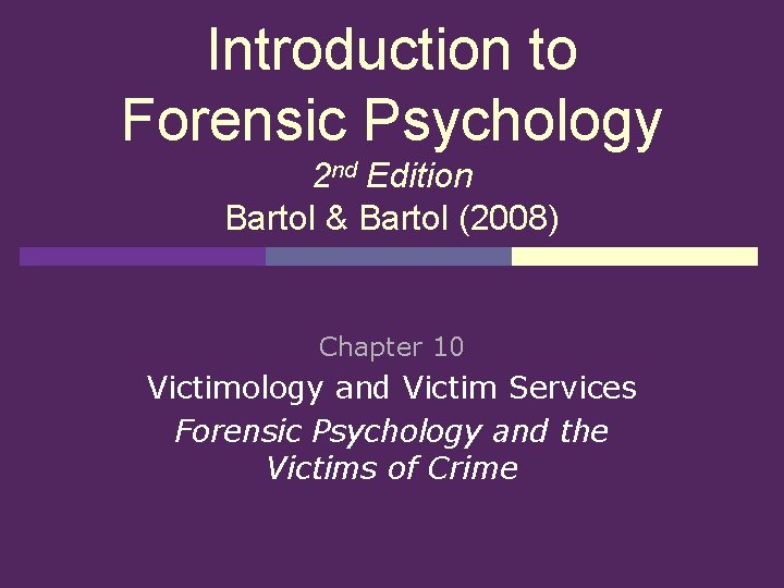 Introduction to Forensic Psychology 2 nd Edition Bartol & Bartol (2008) Chapter 10 Victimology