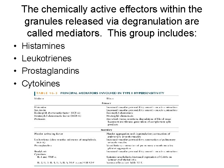 The chemically active effectors within the granules released via degranulation are called mediators. This