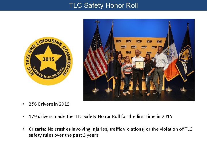 TLC Safety Honor Roll • 256 Drivers in 2015 • 179 drivers made the