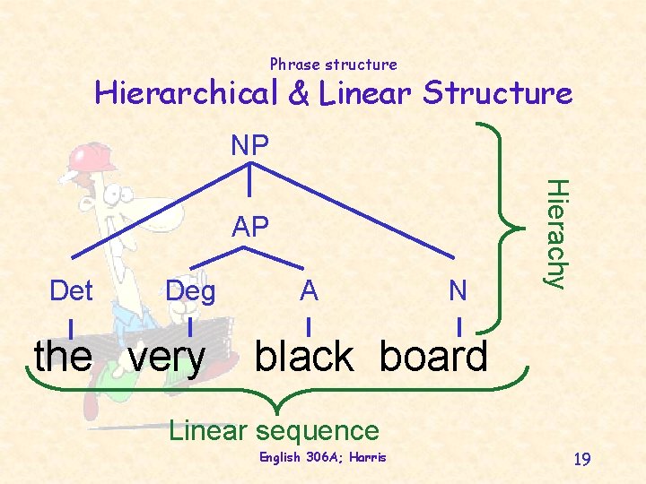 Phrase structure Hierarchical & Linear Structure NP Det Deg the very A N Hierachy