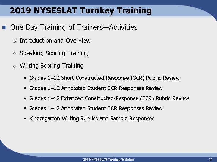 2019 NYSESLAT Turnkey Training One Day Training of Trainers—Activities Introduction and Overview Speaking Scoring 2019 NYSESLAT Turnkey Training One Day Training of Trainers—Activities Introduction and Overview Speaking Scoring