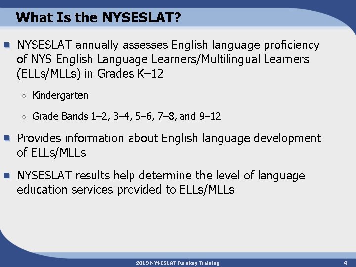 What Is the NYSESLAT? NYSESLAT annually assesses English language proficiency of NYS English Language