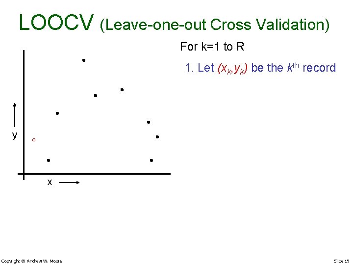 LOOCV (Leave-one-out Cross Validation) For k=1 to R 1. Let (xk, yk) be the
