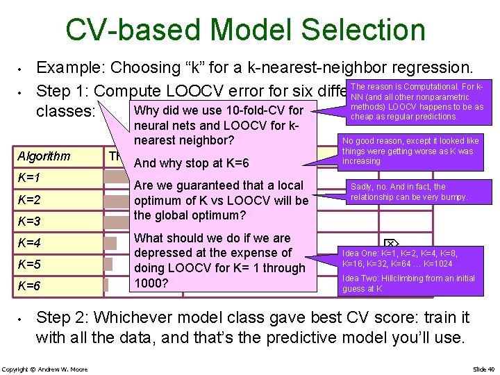 CV-based Model Selection • • Example: Choosing “k” for a k-nearest-neighbor regression. The reason