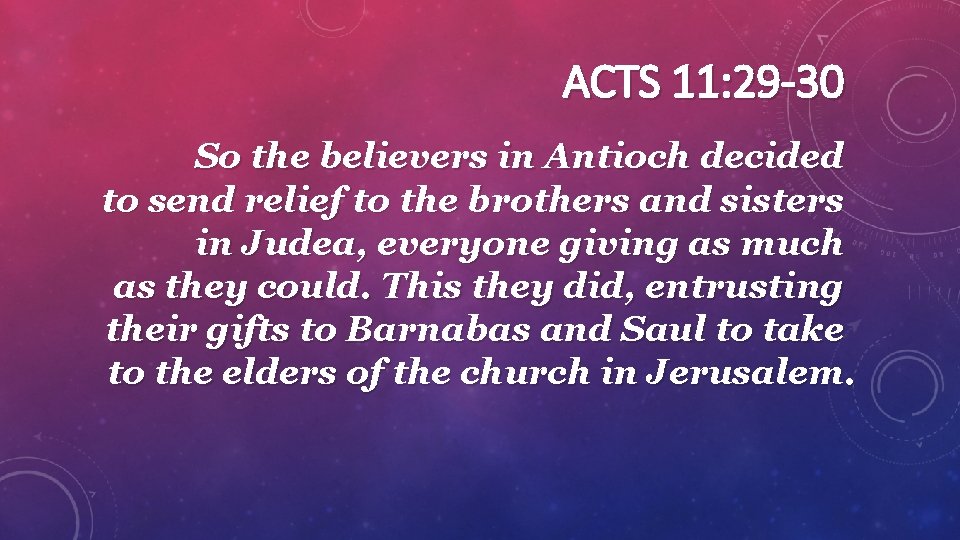 ACTS 11: 29 -30 So the believers in Antioch decided to send relief to