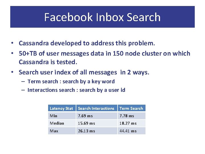 Facebook Inbox Search • Cassandra developed to address this problem. • 50+TB of user