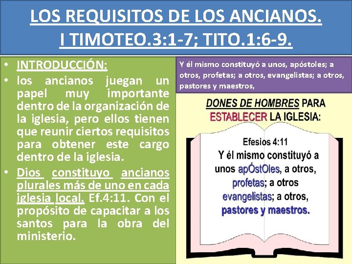 LOS REQUISITOS DE LOS ANCIANOS. I TIMOTEO. 3: 1 -7; TITO. 1: 6 -9. LOS REQUISITOS DE LOS ANCIANOS. I TIMOTEO. 3: 1 -7; TITO. 1: 6 -9.