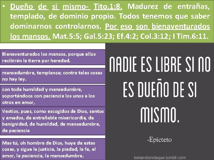 • Dueño de si mismo- Tito. 1: 8. Madurez de entrañas, templado, de • Dueño de si mismo- Tito. 1: 8. Madurez de entrañas, templado, de