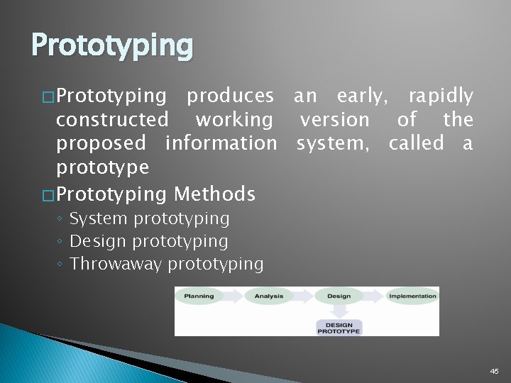 Prototyping � Prototyping produces an early, rapidly constructed working version of the proposed information Prototyping � Prototyping produces an early, rapidly constructed working version of the proposed information