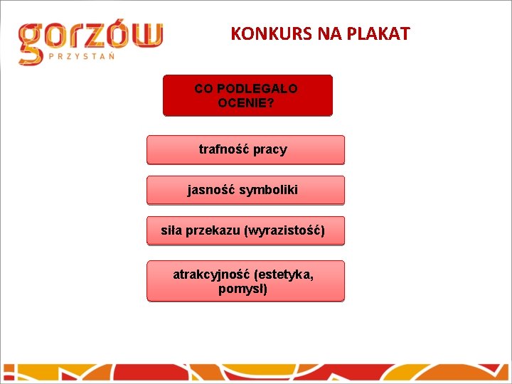 KONKURS NA PLAKAT CO PODLEGAŁO OCENIE? trafność pracy jasność symboliki siła przekazu (wyrazistość) atrakcyjność