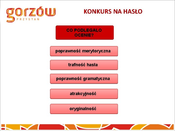 KONKURS NA HASŁO CO PODLEGAŁO OCENIE? poprawność merytoryczna trafność hasła poprawność gramatyczna atrakcyjność oryginalność