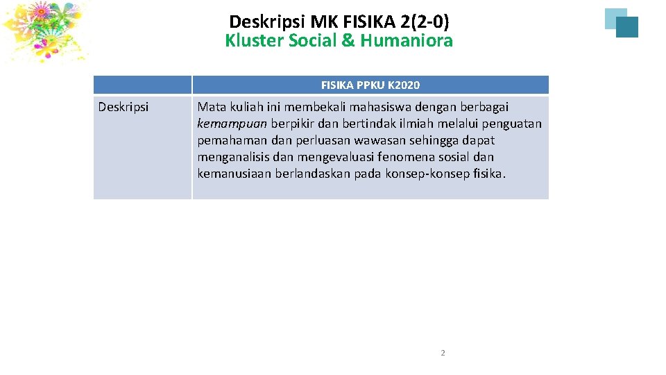 Deskripsi MK FISIKA 2(2 -0) Kluster Social & Humaniora FISIKA PPKU K 2020 Deskripsi