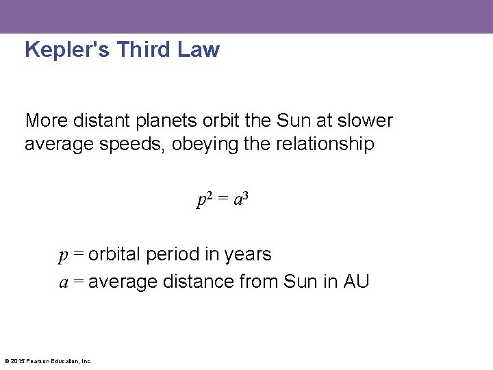 Kepler's Third Law More distant planets orbit the Sun at slower average speeds, obeying