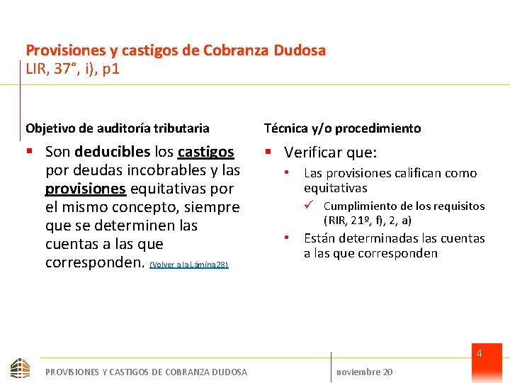 Provisiones y castigos de Cobranza Dudosa LIR, 37°, i), p 1 Objetivo de auditoría