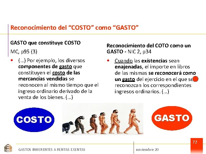 Reconocimiento del “COSTO” como “GASTO” GASTO que constituye COSTO MC, p 95 (3) §