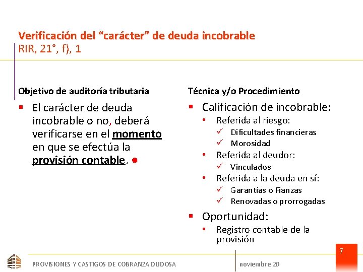 Verificación del “carácter” de deuda incobrable RIR, 21°, f), 1 Objetivo de auditoría tributaria