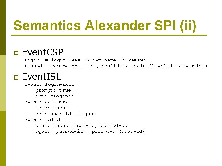 Semantics Alexander SPI (ii) p Event. CSP Login = login-mess -> get-name -> Passwd