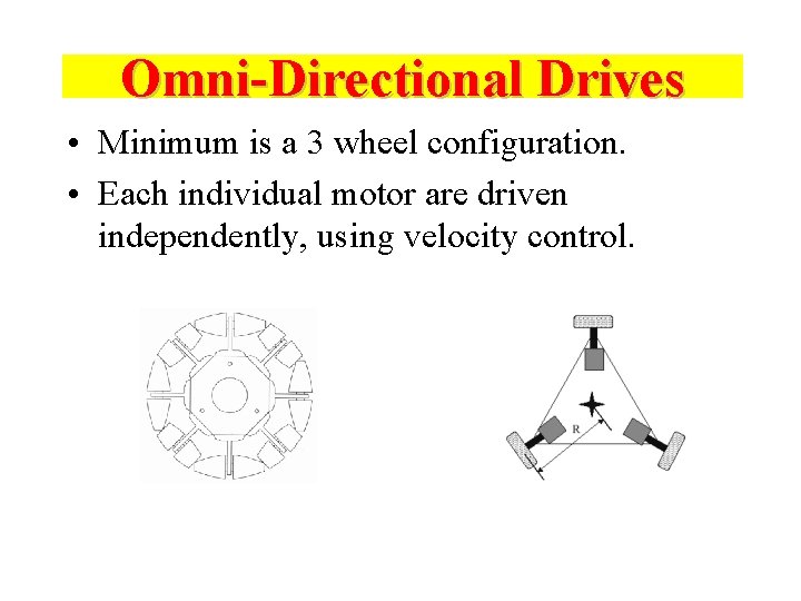 Omni-Directional Drives • Minimum is a 3 wheel configuration. • Each individual motor are