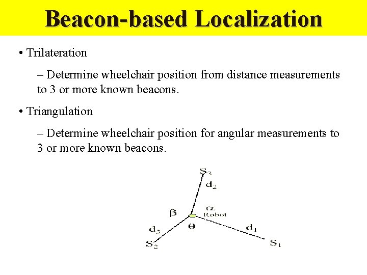 Beacon-based Localization • Trilateration – Determine wheelchair position from distance measurements to 3 or