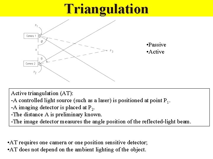 Triangulation • Passive • Active triangulation (AT): -A controlled light source (such as a