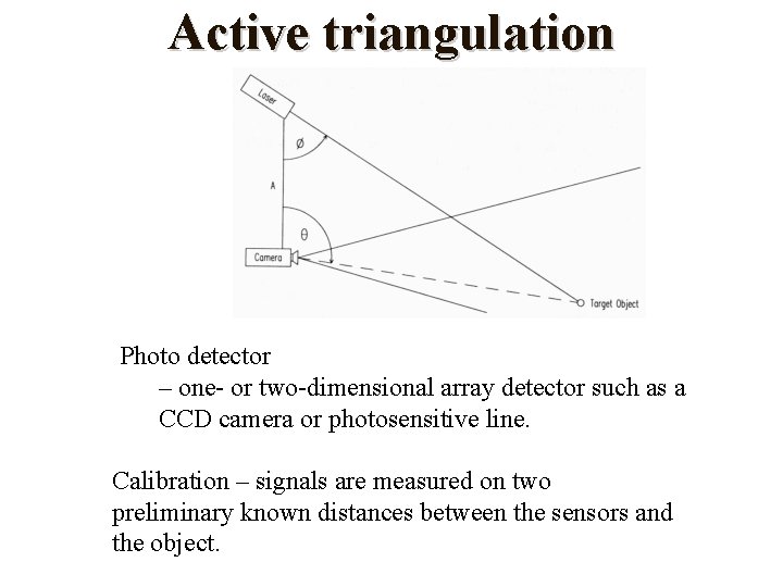Active triangulation Photo detector – one- or two-dimensional array detector such as a CCD
