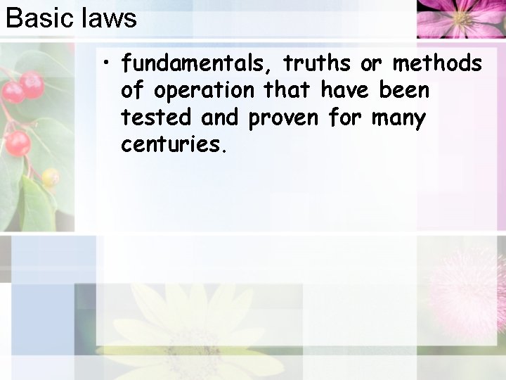 Basic laws • fundamentals, truths or methods of operation that have been tested and