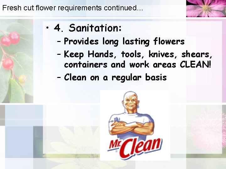 Fresh cut flower requirements continued… • 4. Sanitation: – Provides long lasting flowers –