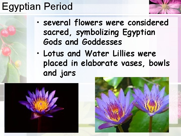 Egyptian Period • several flowers were considered sacred, symbolizing Egyptian Gods and Goddesses •