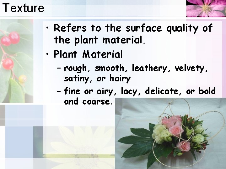 Texture • Refers to the surface quality of the plant material. • Plant Material