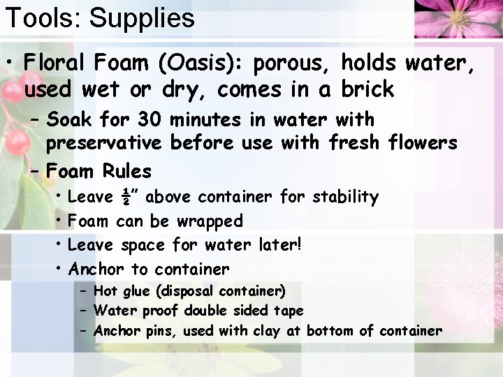 Tools: Supplies • Floral Foam (Oasis): porous, holds water, used wet or dry, comes