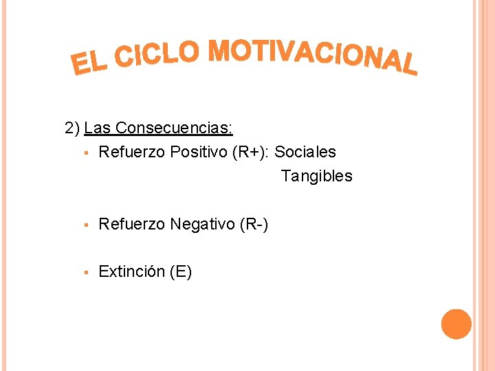 2) Las Consecuencias: § Refuerzo Positivo (R+): Sociales Tangibles § Refuerzo Negativo (R-) §