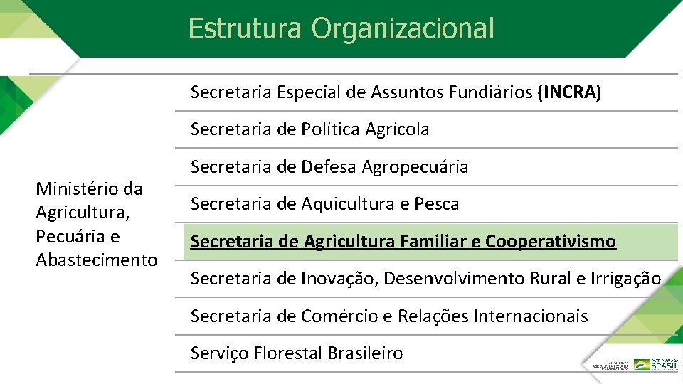 Estrutura Organizacional Secretaria Especial de Assuntos Fundiários (INCRA) Secretaria de Política Agrícola Ministério da Estrutura Organizacional Secretaria Especial de Assuntos Fundiários (INCRA) Secretaria de Política Agrícola Ministério da