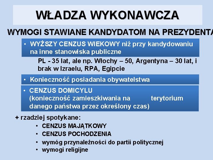 WŁADZA WYKONAWCZA WYMOGI STAWIANE KANDYDATOM NA PREZYDENTA • WYŻSZY CENZUS WIEKOWY niż przy kandydowaniu