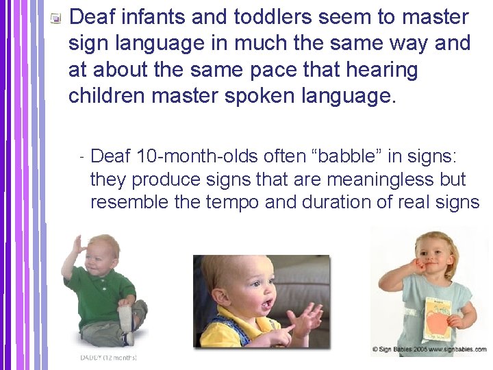 Deaf infants and toddlers seem to master sign language in much the same way