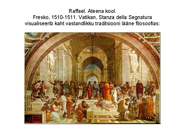 Raffael. Ateena kool. Fresko, 1510 -1511. Vatikan, Stanza della Segnatura visualiseerib kaht vastandlikku traditsiooni