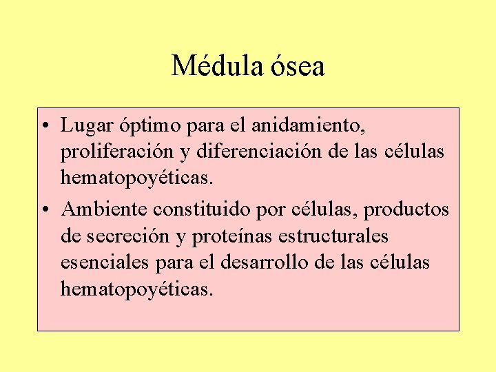 Médula ósea • Lugar óptimo para el anidamiento, proliferación y diferenciación de las células Médula ósea • Lugar óptimo para el anidamiento, proliferación y diferenciación de las células