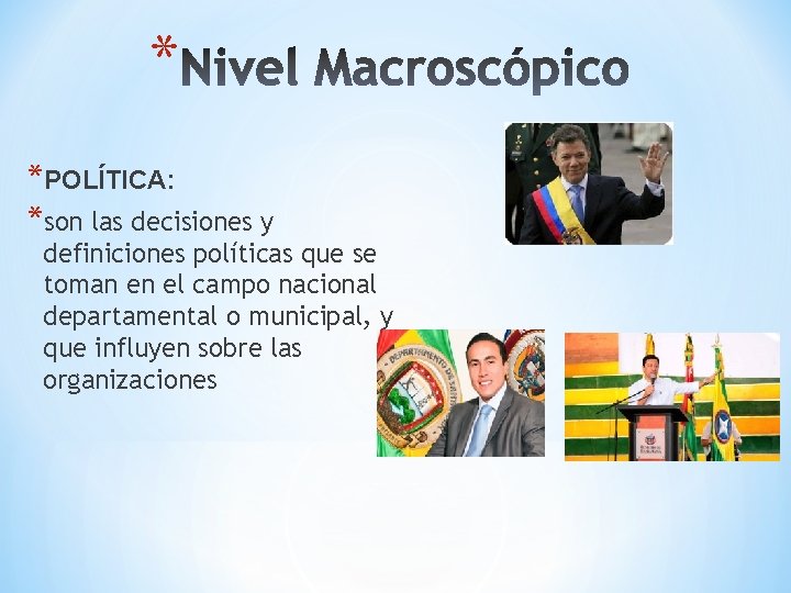 * *POLÍTICA: *son las decisiones y definiciones políticas que se toman en el campo