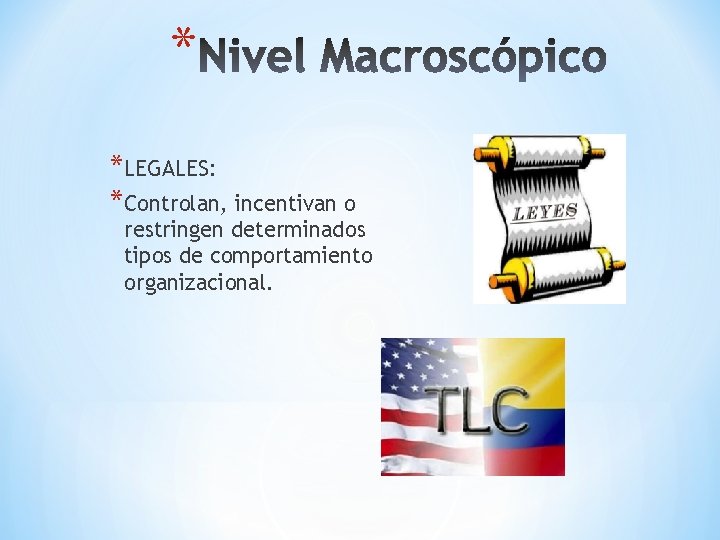 * *LEGALES: *Controlan, incentivan o restringen determinados tipos de comportamiento organizacional. 