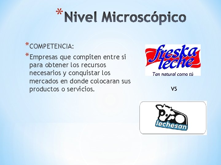 * *COMPETENCIA: *Empresas que compiten entre si para obtener los recursos necesarios y conquistar