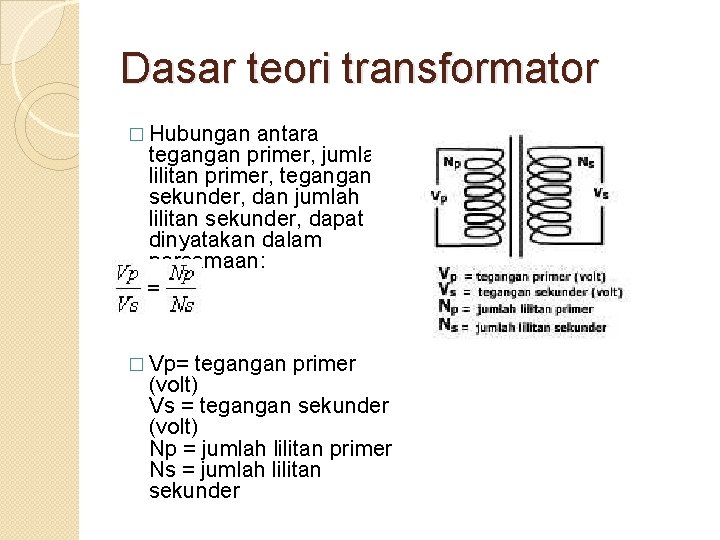 Dasar teori transformator � Hubungan antara tegangan primer, jumlah lilitan primer, tegangan sekunder, dan