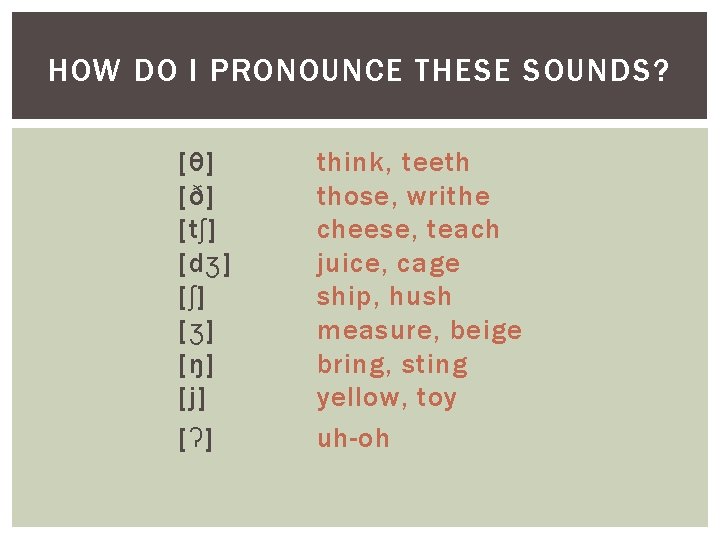 HOW DO I PRONOUNCE THESE SOUNDS? [θ] [ð] [tʃ] [dʒ] [ʃ] [ʒ] [ŋ] [j]