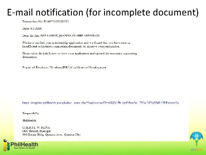 E-mail notification (for incomplete document) 