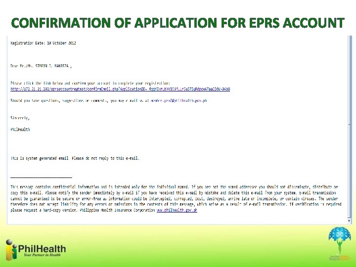 CONFIRMATION OF APPLICATION FOR EPRS ACCOUNT 