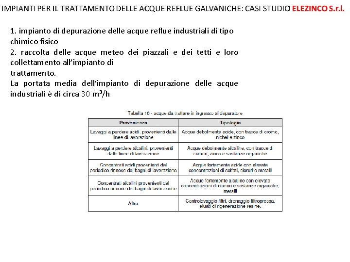 1. impianto di depurazione delle acque reflue industriali di tipo chimico fisico 2. raccolta