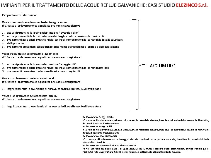 L’impianto è così strutturato: Vasca di accumulo e sollevamento dei lavaggi alcalini n° 1